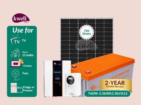 Kweli Energy 760Wpv-2.5kWh-1.5kVA12V Offgrid Solar System for Home; Run upto 15 Bulbs, Fridge, TV, Laptop and Phone Charging