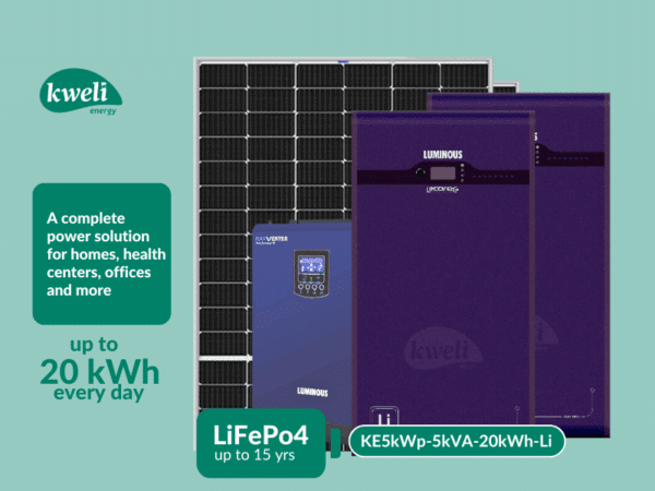 Kweli Energy 5kWp-5kVA-20kWh Lithium Hybrid Solar System; Complete Solar Power Backup System for home, hospital, office and more