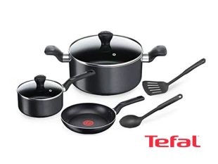 Tefal Aluminum Super Cook Non-Stick Pots and Pans Cooking Set 7pcs, Black – B143S744; Gas and Electric Pots and Pans Set Fry Pans