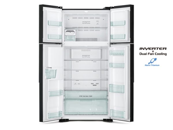 Hitachi 600L 4-Door Refrigerator + Water Dispenser, Inverter Control, Frost-free, Glass Black - RW800PUN7GBK