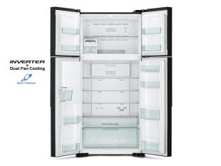 Hitachi 600L 4-Door Refrigerator + Water Dispenser, Inverter Control, Frost-free, Glass Grey – RW800PUN7GGR Side by Side Refrigerator 4-door refrigerators