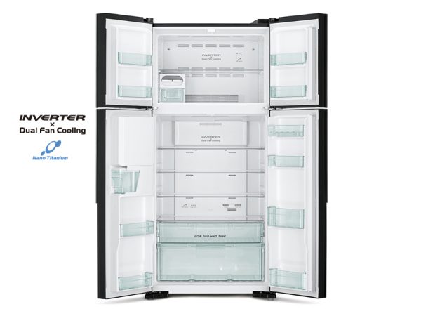 Hitachi 600L 4-Door Refrigerator + Water Dispenser, Inverter Control, Frost-free, Glass Grey – RW800PUN7GGR Side by Side Refrigerator 4-door refrigerators 3