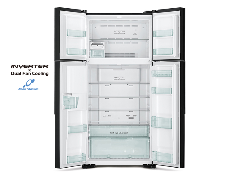 Hitachi 600L 4-Door Refrigerator + Water Dispenser, Inverter Control, Frost-free, Glass Grey – RW800PUN7GGR Side by Side Refrigerator 4-door refrigerators 2