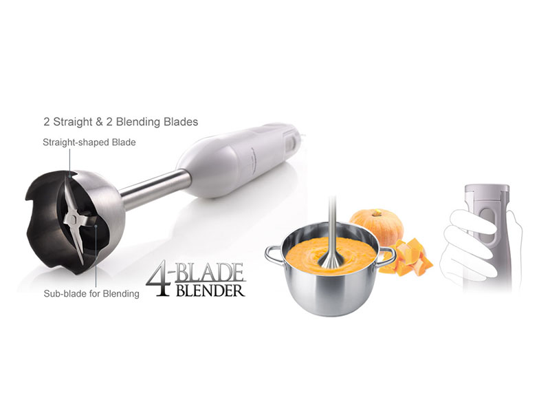 The Panasonic Hand Blender features 4 steel blades