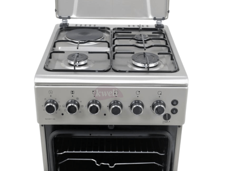 IQRA 50x60cm Cooker IQ-FC2011-SS; 3 Gas Burners + 1 Electric Plate with Electric Oven and Grill, Oven Timer Combo Cookers