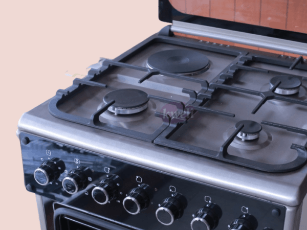 IQRA 60cm Cooker IQ-FC6011-SS; 3 Gas + 1 Electric Burner, Electric Oven and Grill; Oven Timer, Cast Iron Pan Support