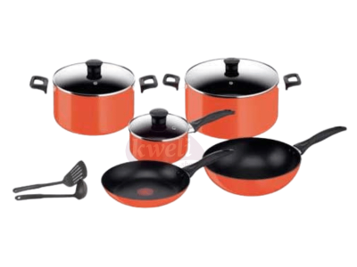 Tefal 10 Pcs Simply Chef Cookware Set – B092SA85; Non Stick, Aluminium , Orange Black Tefal Cookware 4