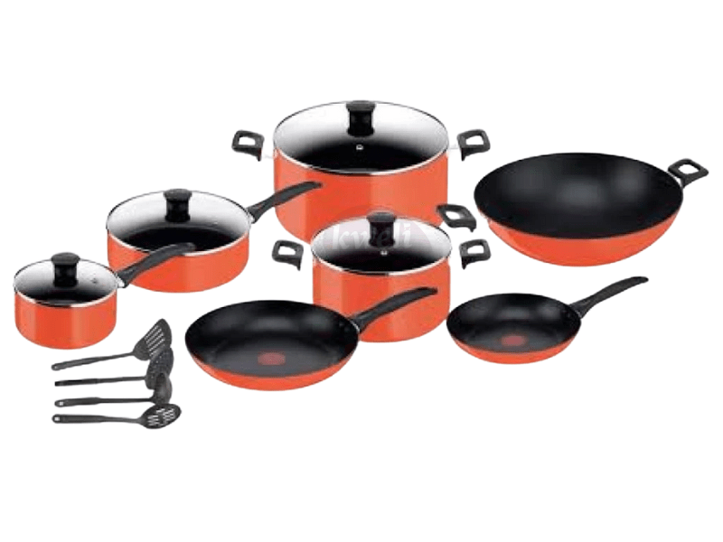 Tefal 15 Pcs Cookware Set Simply Chef – B092SE85; Non Stick, Aluminium Body, Glass Lids, Orange Black Tefal Cookware 2
