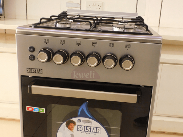 Solstar 50x50cm Gas Cooker SO540DGRAINBSS; 4 Gas Burners with Gas Oven, Grill, Rotisserie, Silver