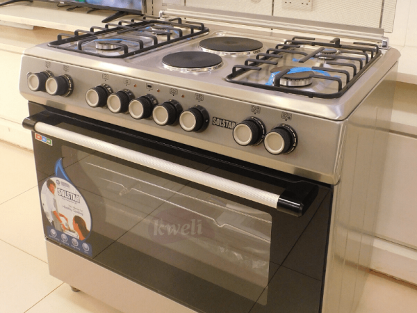 Solstar 90x60cm Cooker SO942DEINBSS; 4 Gas Burners, 2 Electric Plates, Electric Oven, Grill, Rotisserie, Silver Combo Cookers 4