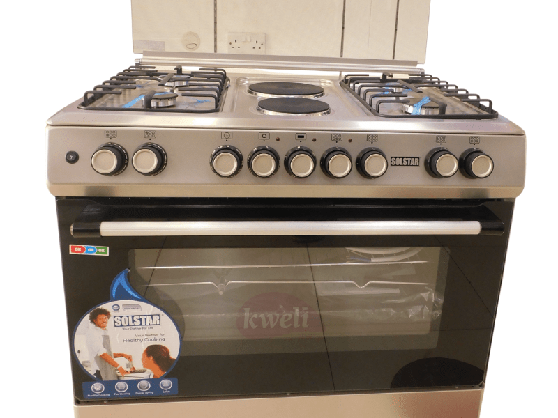 Solstar 90x60cm Cooker SO942DEINBSS; 4 Gas Burners, 2 Electric Plates, Electric Oven, Grill, Rotisserie, Silver Combo Cookers