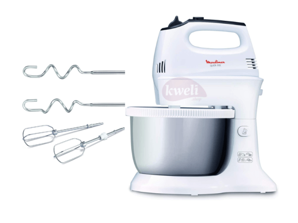Moulinex 3.5L Quick Mix Hand Mixer HM312127 – Stainless Steel Stand Bowl, 300 Watts, White, Plastic Cake Mixers 3