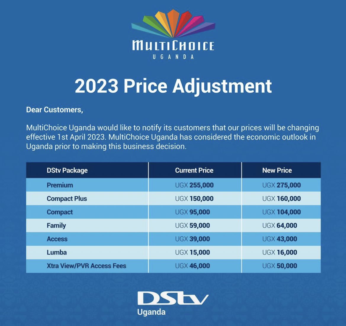 DSTV Uganda new prices -