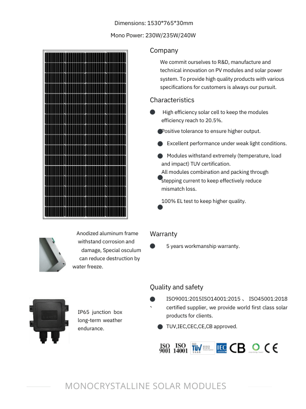 Luminous 230 Watt 12V Monocrystalline Solar Panel Data sheets -