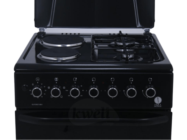 IQRA 50x60cm Cooker IQ-C2022-BLK; 2 Gas Burners + 2 Electric Plates with Electric Oven and Grill; Oven Timer, Black