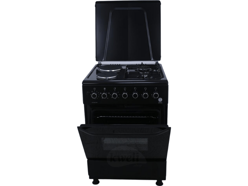 IQRA 50x60cm Cooker IQ-C2011-BLK; 2 Gas Burners + 2 Electric Plates with Electric Oven and Grill; Oven Timer, Black Combo Cookers 2