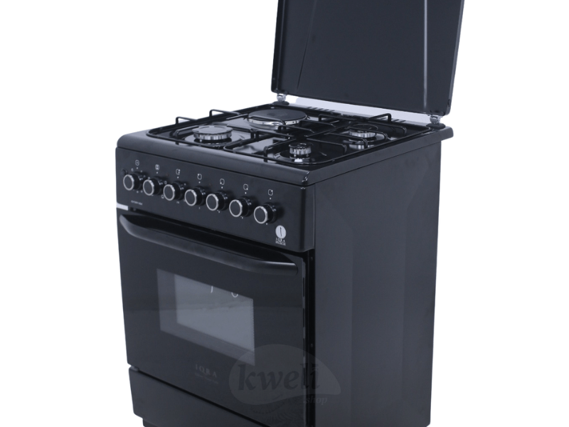 IQRA 60cm Cooker IQ-FC6011-BLK; 3 Gas + 1 Electric Burner, Electric Oven and Grill; Oven Timer, Enamel Pan Support Combo Cookers 3