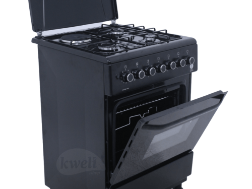 IQRA 60cm Cooker IQ-FC6011-BLK; 3 Gas + 1 Electric Burner, Electric Oven and Grill; Oven Timer, Enamel Pan Support Combo Cookers
