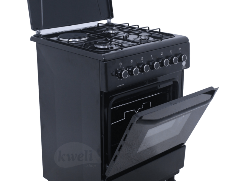 IQRA 60cm Cooker IQ-FC6011-BLK; 3 Gas + 1 Electric Burner, Electric Oven and Grill; Oven Timer, Enamel Pan Support Combo Cookers 2