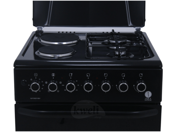 IQRA 60cm Cooker IQ-FC6221-BLK; 2 Gas Burners + 2 Electric Plates, Electric Oven and Grill, Timer, Enamel Pan Support, Black