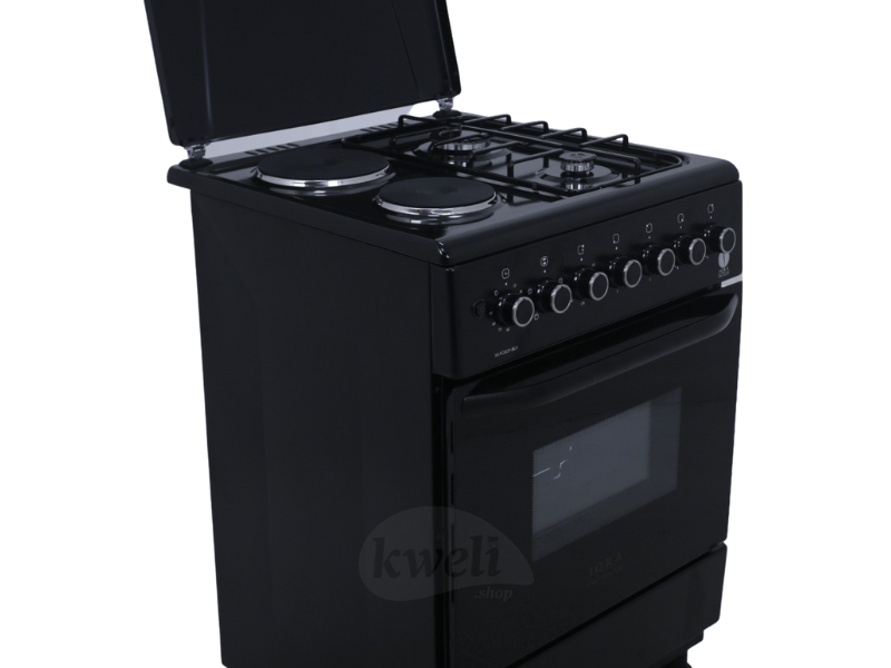 IQRA 60cm Cooker IQ-FC6221-BLK; 2 Gas Burners + 2 Electric Plates, Electric Oven and Grill, Timer, Enamel Pan Support, Black Combo Cookers 4