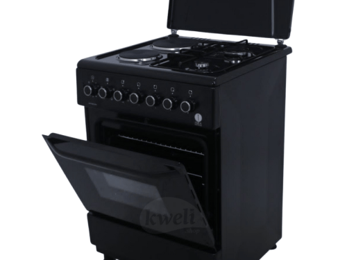 IQRA 60cm Cooker IQ-FC6221-BLK; 2 Gas Burners + 2 Electric Plates, Electric Oven and Grill, Timer, Enamel Pan Support, Black Combo Cookers