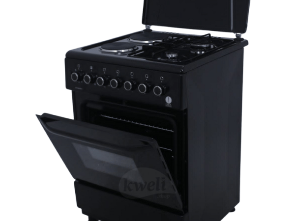 IQRA 60cm Cooker IQ-FC6221-BLK; 2 Gas Burners + 2 Electric Plates, Electric Oven and Grill, Timer, Enamel Pan Support, Black