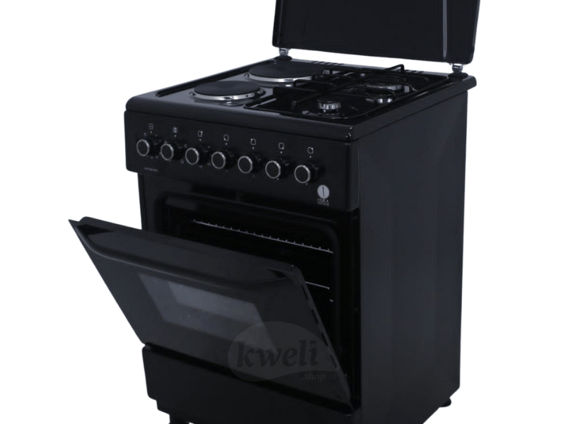 IQRA 60cm Cooker IQ-FC6221-BLK; 2 Gas Burners + 2 Electric Plates, Electric Oven and Grill, Timer, Enamel Pan Support, Black Combo Cookers 2