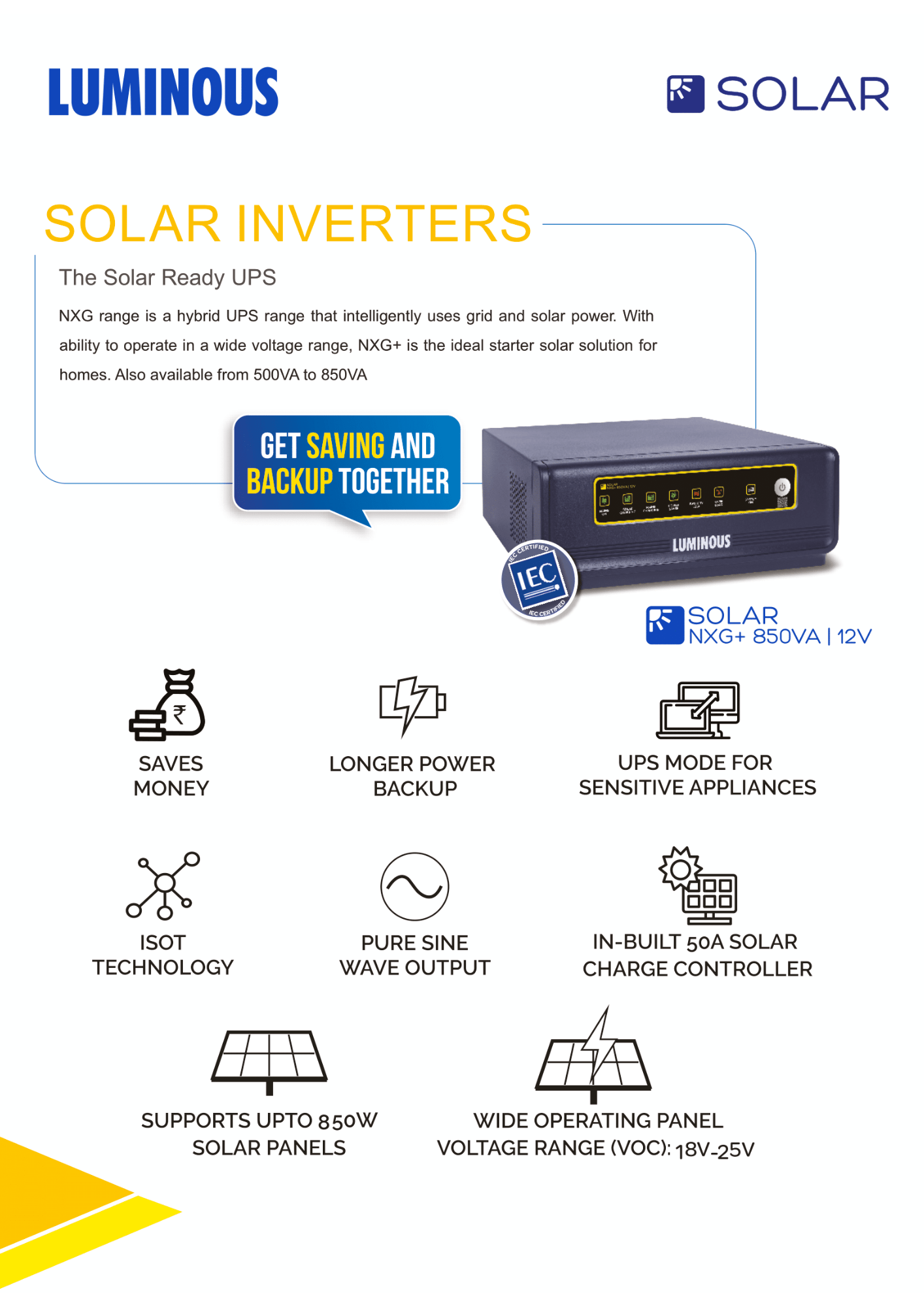 Luminous 850VA 12V Hybrid Solar Inverter NXG 1500VA Data -