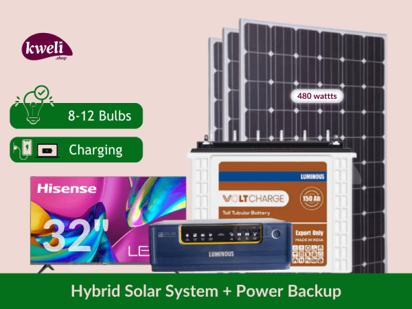 Kweli Solar System & Power Power Backup with 32 inch TV; Power upto 12 Bulbs, TV, Laptop and Phone Charging for 8-12 hours, 480watts/1.8kWh System