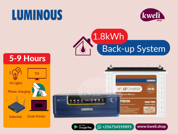 Luminous 1.8kWh 850watt Home Power Back-up System; Run TV, 10 Lights, Laptops, Internet Router for up to 9 hours