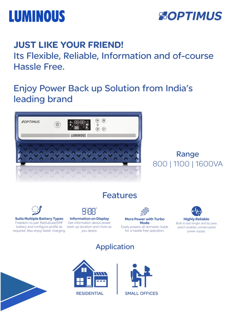Luminous Optimus 1100VA 12V Solar Inverter; Digital Display, Low Battery Protection Inverter-Chargers 6