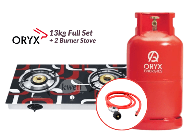 Oryx Gas 13kg Full Set with 2 Burner Glass-top Gas Stove - Ready to Cook; 12kg Gas, Low Pressure RegulaIator, Hosepipe