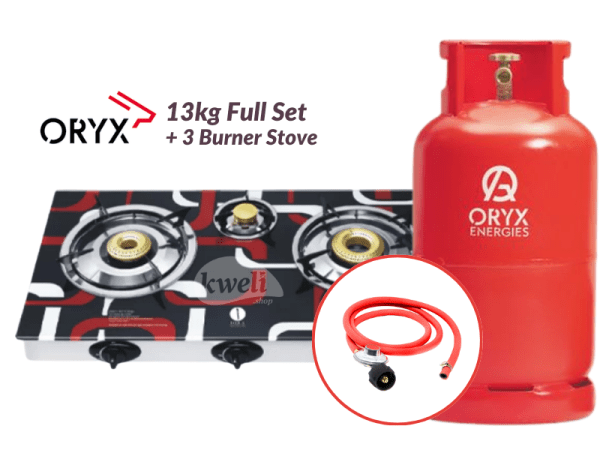 Oryx Gas 13kg Full Set with 3 Burner Glass-top Gas Stove - Ready to Cook; 13kg Gas, Low Pressure RegulaIator, Hosepipe