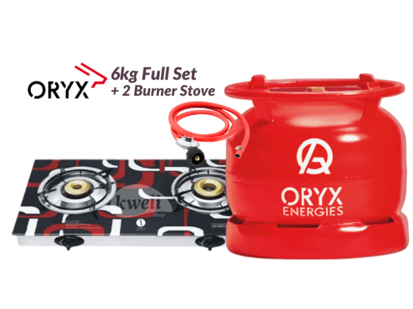 Oryx 6kg Gas Cylinder Full Set with 2-Burner Glass Top Gas Stove; 6kg Gas, Low Pressure RegulaIator, Hosepipe