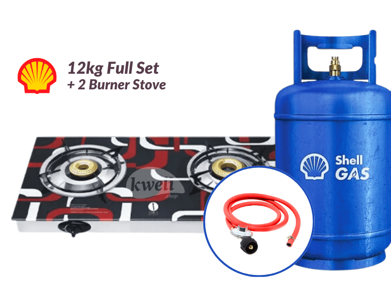 Shell Gas 12kg Full Set with 2-Burner Glass-top Gas Stove – Ready to Cook; 12kg Gas, Low Pressure RegulaIator, Hosepipe LPG Cooking Gas 2