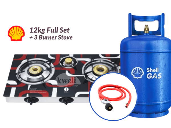 Shell Gas 12kg Full Set With 3-Burner Glass-Top Gas Stove – Ready To Cook; 12kg Gas, Low Pressure RegulaIator, Hosepipe