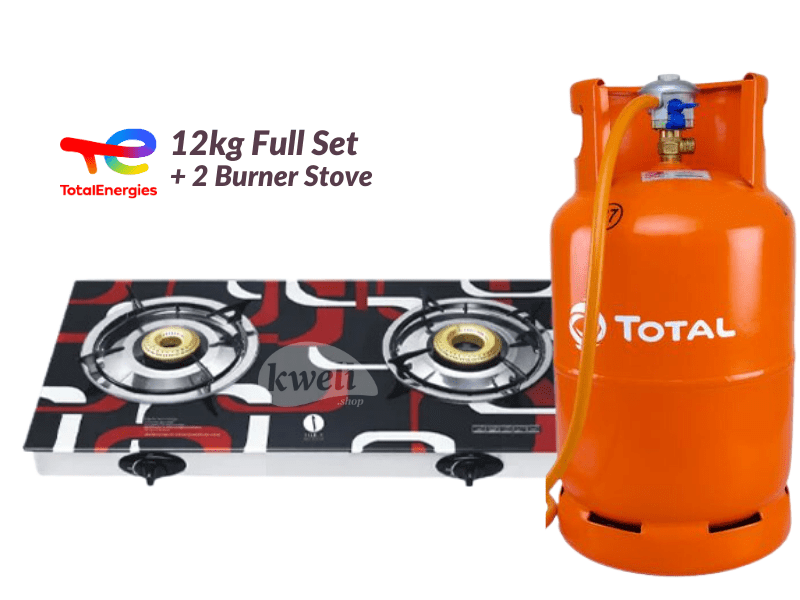 Total Gas 12kg Full Set with 2-Burner Glass-top Gas Stove – Ready to Cook; 12kg Gas, Low Pressure RegulaIator, Hosepipe LPG Cooking Gas 2