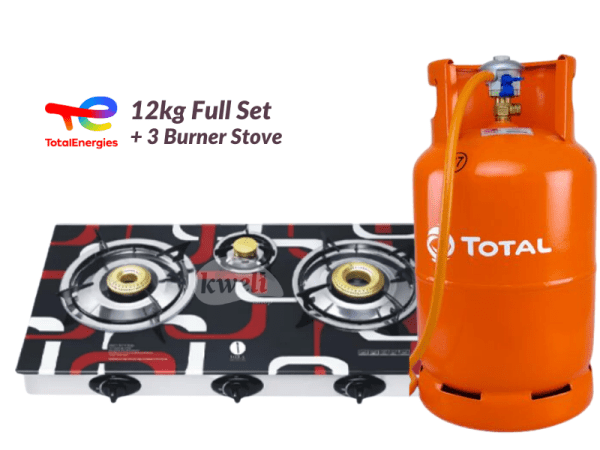 Total Gas 12kg Full Set with 3-Burner Glass-top Gas Stove - Ready to Cook; 12kg Gas, Low Pressure RegulaIator, Hosepipe