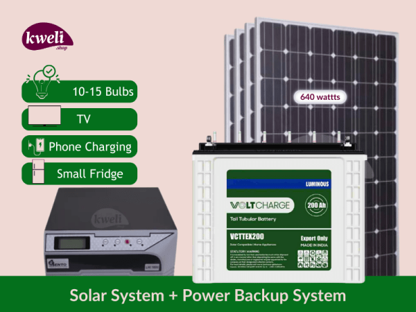 Kweli 2.5kWh Hybrid Solar System & Power Power Backup System; Power upto 15 Bulbs, Fridge, TV, Laptop and Phone Charging for 8-12 hours, 640watts/2.5kWh System