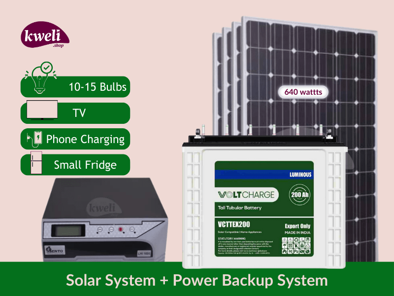 Kweli 2.5kWh Hybrid Solar System & Power Power Backup System; Power upto 15 Bulbs, Fridge, TV, Laptop and Phone Charging for 8-12 hours, 640watts/2.5kWh System Complete Solar Systems 2