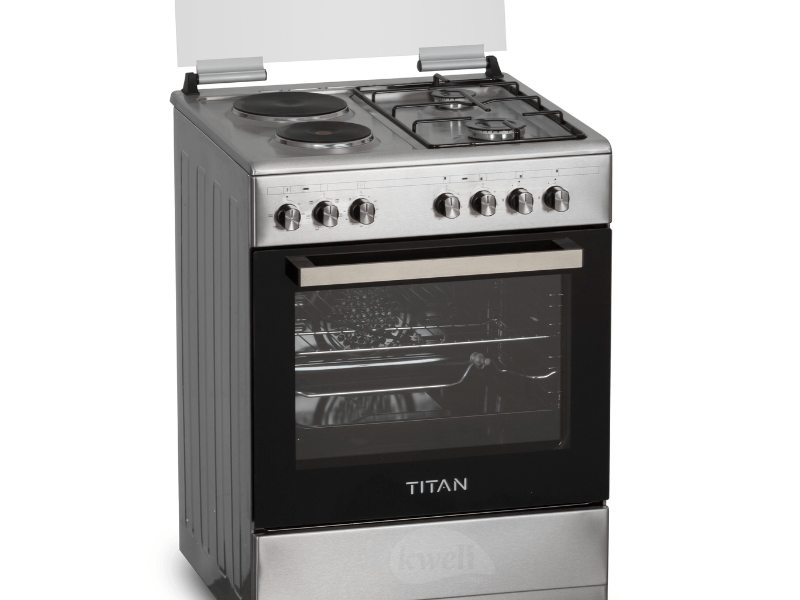 Titan 2 Gas + 2 Electric Cooker TN-FC6220XBS; 60cm Cooker, Electric Oven & Grill, Rotisserie Combo Cookers 2