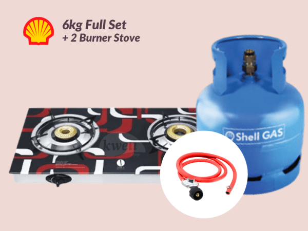 Shell Gas 6kg Full Set with 2-Burner Glass-top Gas Stove - Ready to Cook; 6kg Gas, Low Pressure RegulaIator, Hosepipe