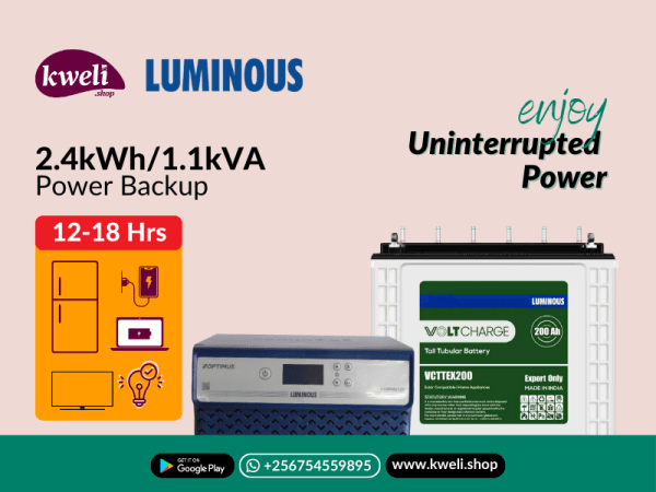 Kweli 2.4kWh/1.1kVA Power Backup System; Run 10-15 bulbs, TV, Small Fridge, Phone & Laptop charging for up to 18 hours