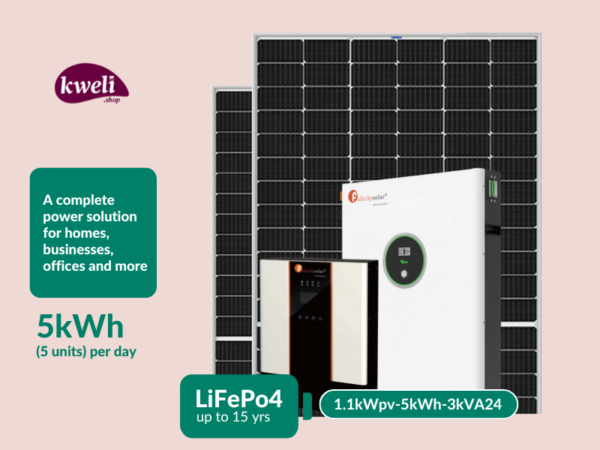 Kweli 1.1kWpv-3kVA-5kWh LiFePo4 (Lithium) Hybrid Solar System & Power Backup Solution; Complete Solar System for home or office