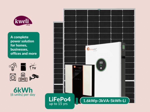 Kweli Energy 1.6kWp-3kVA-5kWh-Lithium Hybrid Solar System with WiFi Remote Monitoring; Complete Power Solution for Home and Office