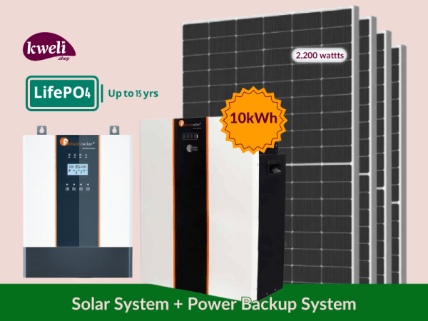 Kweli 2.2kW-10kWh-3kVA LifePo4 (Lithium) Hybrid Solar System & Power Backup Solution; 48V Complete Solar System for home, business or institution