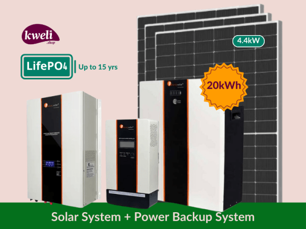Kweli 4.4kW-20kWh-10kVA LifePo4 (Lithium) Hybrid Solar System & Power Backup Solution; 48V Complete Solar System for home, business or institution