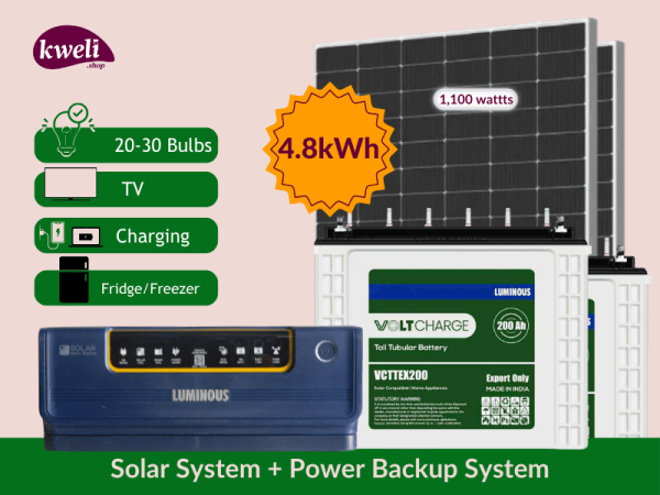 Kweli 5kWh Hybrid Solar System & Power Power Backup System; Power 25 Bulbs, Fridge, TV, Laptop and Phone Charging, Home Theater, Internet Router, 1,100watts/5kWh System