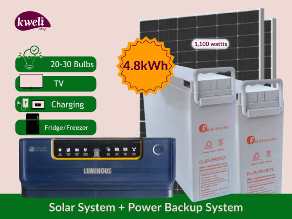 Kweli 1.1kw-5kWh-1.5kVA Hybrid Solar System & Power Backup Solution - Telecom Gel; Complete Solar System to Power 25 Bulbs, Fridge, TV, Home Theater, Fan, Laptop and Phone Charging, Internet Router